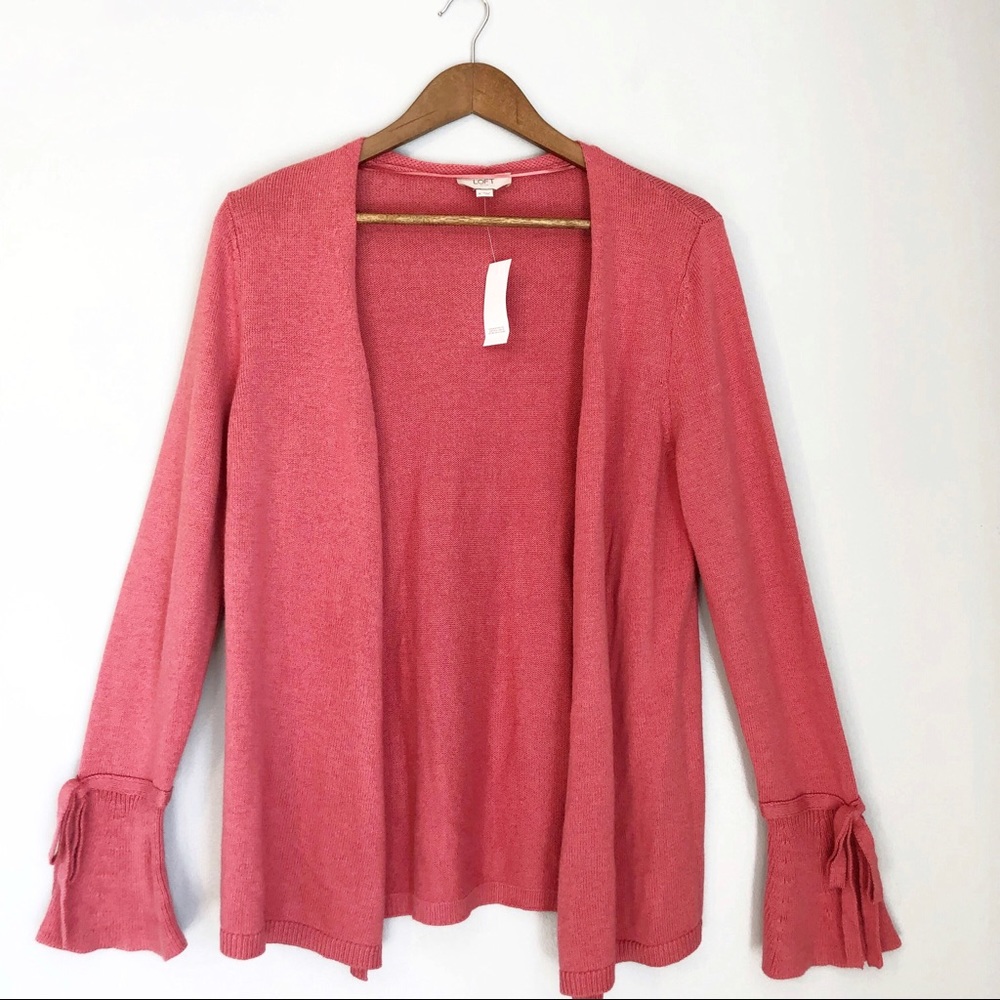 LOFT Salmon Coral Open Trumpet Sleeve Cardigan, size Medium